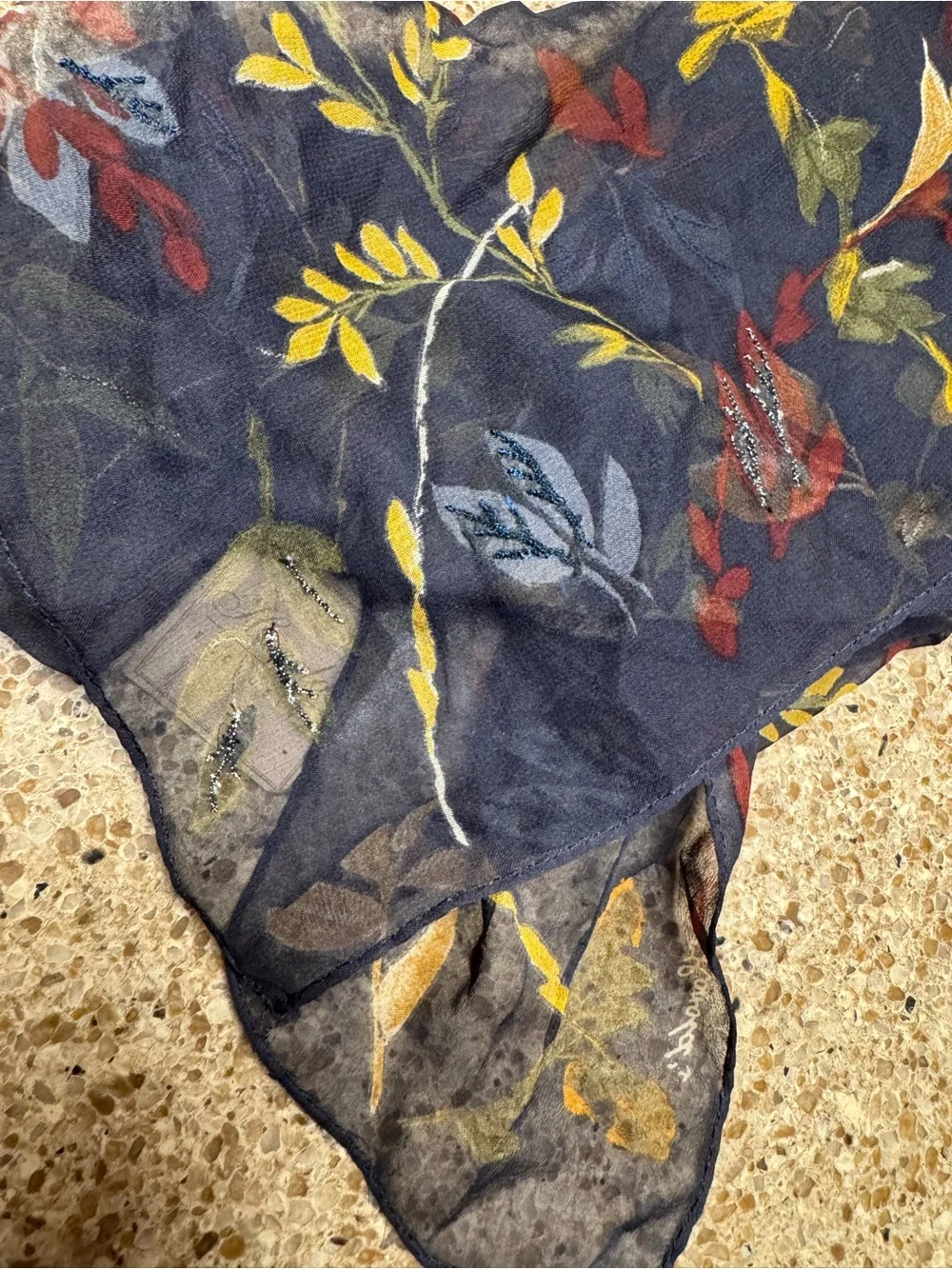 Harold's Vintage Silk Black Scarf with Mustard and Olive Leaf Print